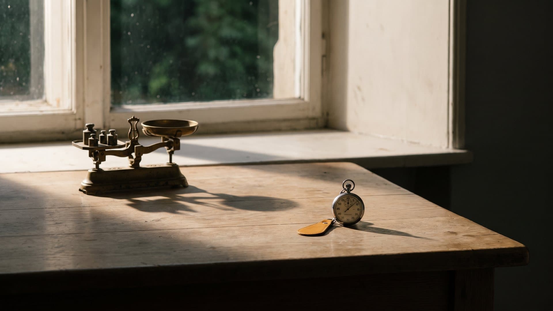 A brass balance scale and a mechanical stopwatch set apart from each other on a wooden table in afternoon light.