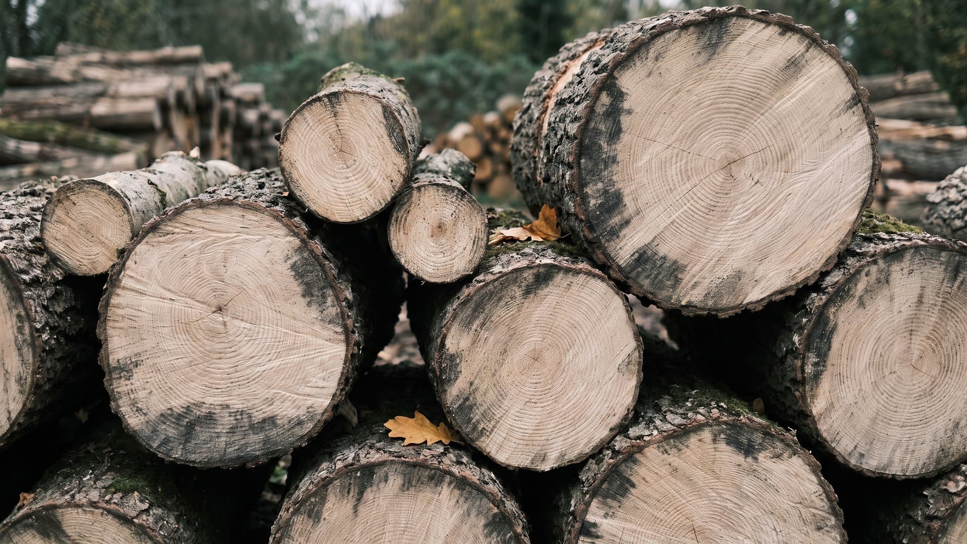 A stack of cut oak logs seen end-on, their growth rings showing, most of a similar size with a few much larger and smaller.